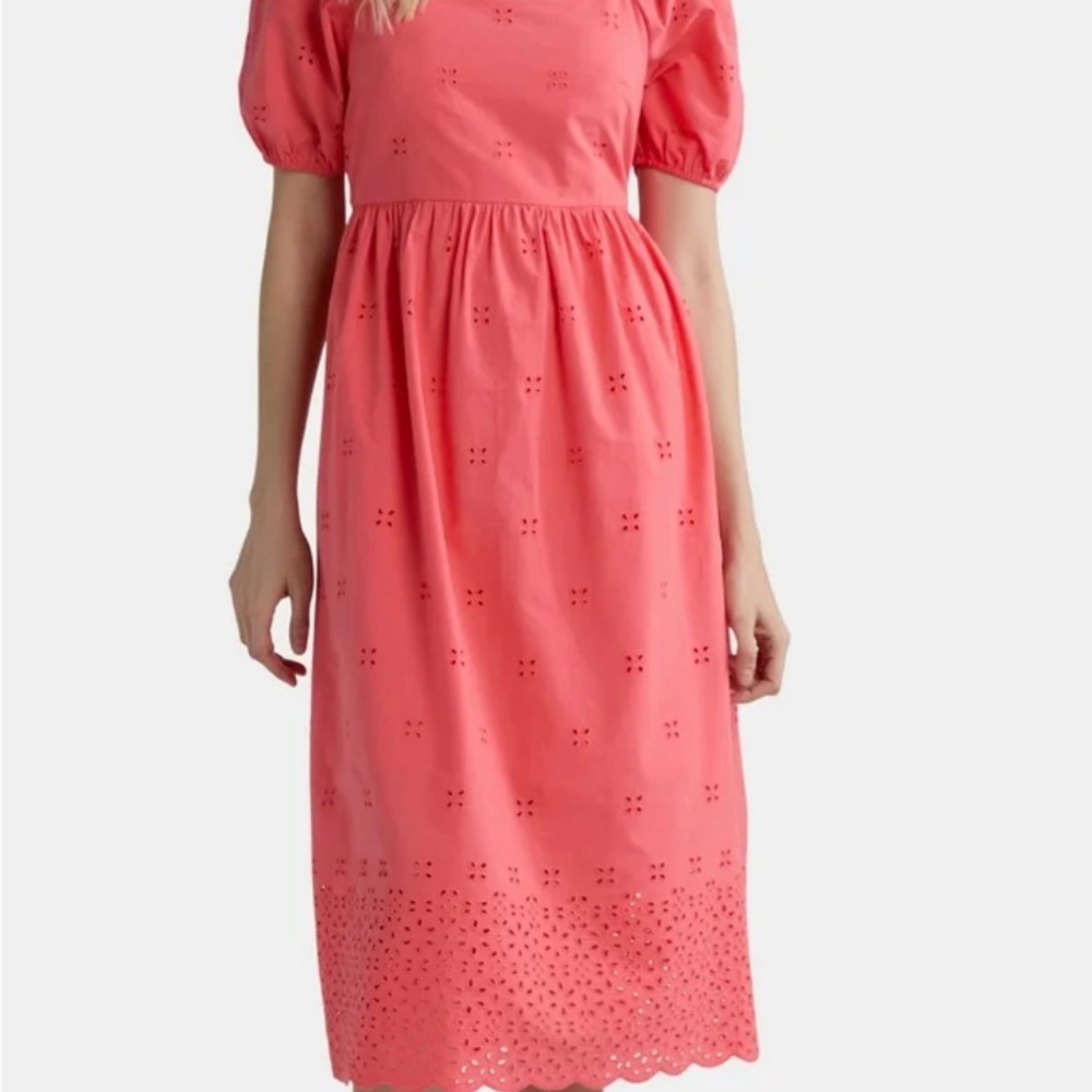 Time and Tru Women's Square Neck Eyelet Midi Dress, Coral Silk. Size Medium